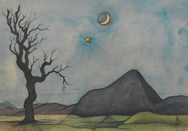 abstrakte Grafik, schwarzer nackter Baum, Himmel mit Mond und einem Stern