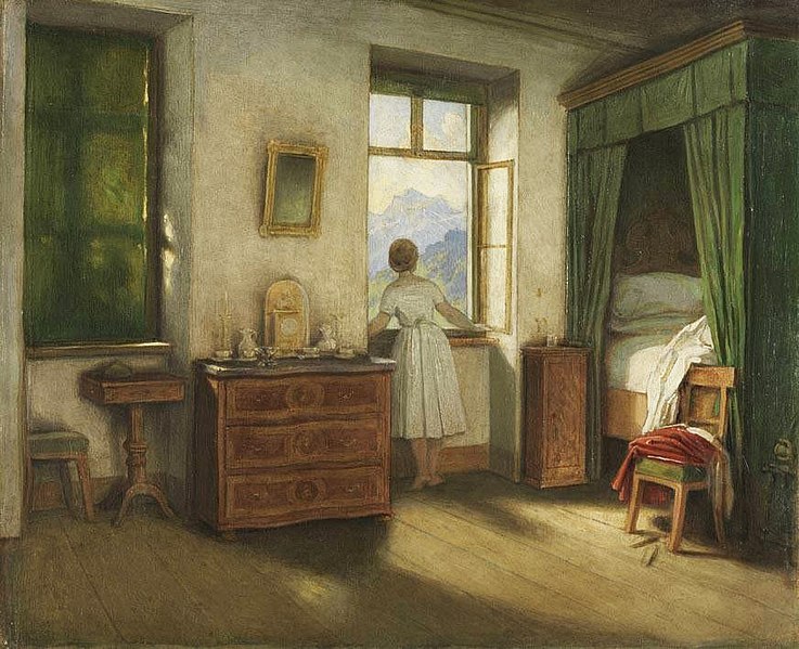 Gemälde, eine Frau blickt aus dem Fenster, im Hintergrund Berge