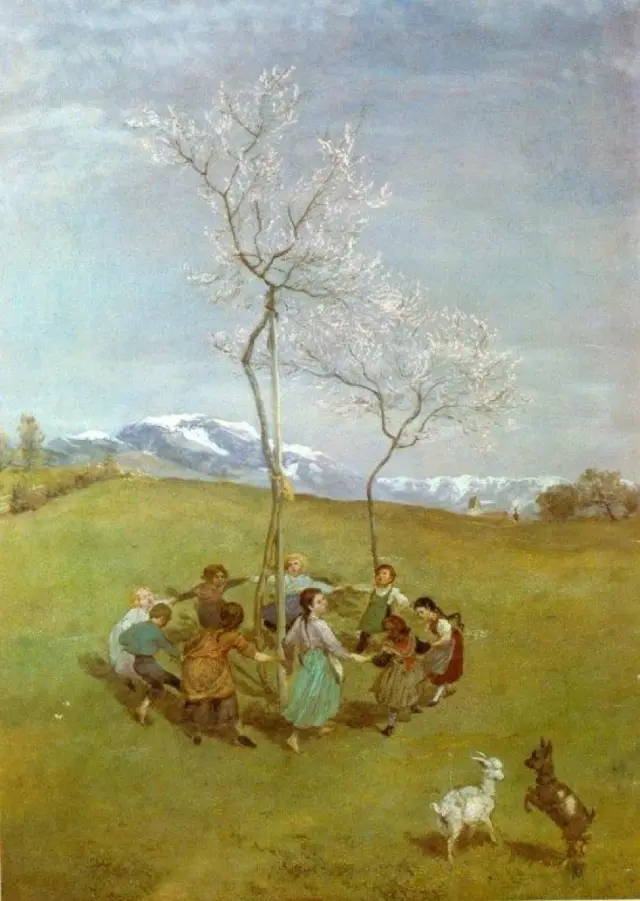 Gemälde: Kinder tanzen um Baum