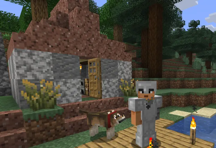 Minecraft-Charakter mit Hund