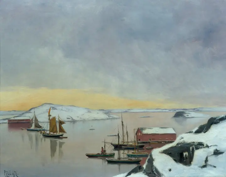 Verschneiter nordländischer Hafen mt Segelschiffen un einem schmalen Sonnenstreifen