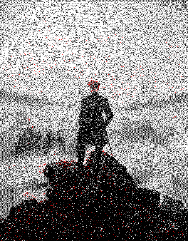 Wanderer über dem Nebelmeer als Dithering-Bild mit drei Farben rot-schwarz-weiß